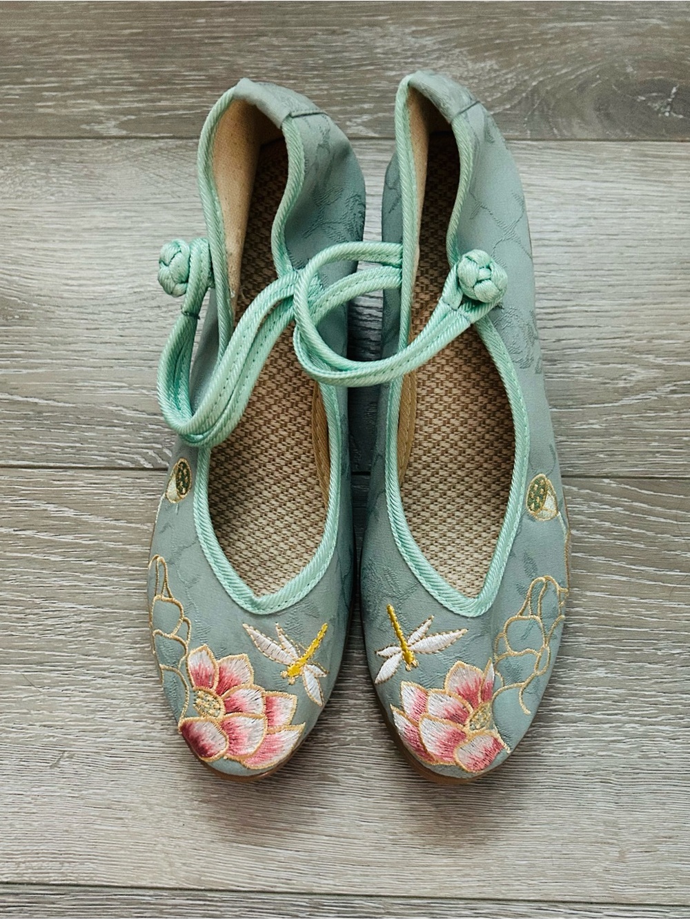 Mint Green Embroidered Ballet Heels with Ankle Tie size 7.5